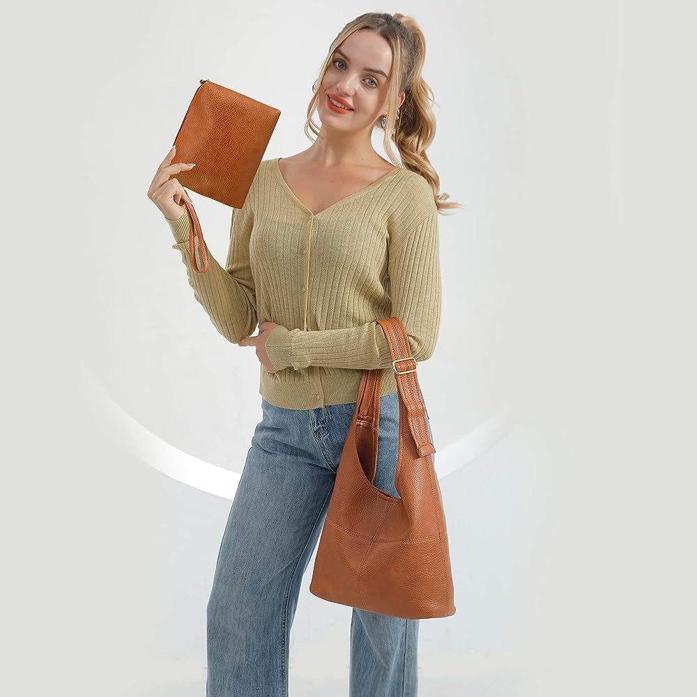 BROWN SUPER SOFT VEGAN LEATHER SHOULDER BAG AND COIN CLUTCH 2 PIECE SET - Picture 2 of 6